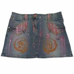 Denim Mini Skirt Womens Size 11 Blue Painted Lace Rhinestone Y2K Low Rise Retro⭐